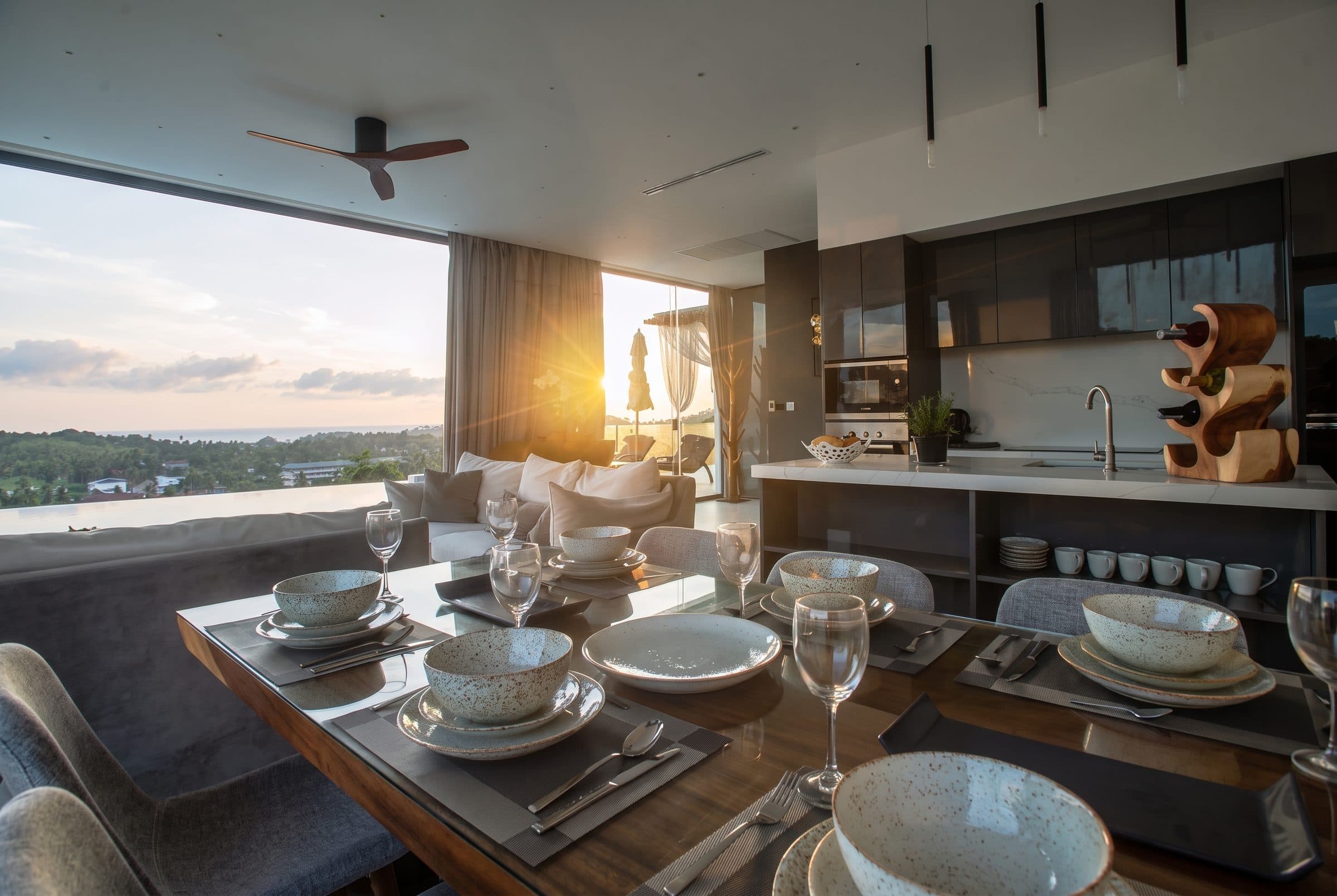 Dining table set at sunset