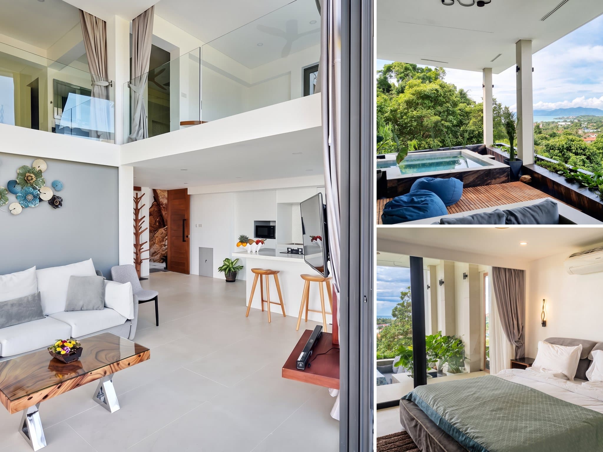Seaview 2BR villa: double-height living room, sea-view plunge pool balcony and bedroom