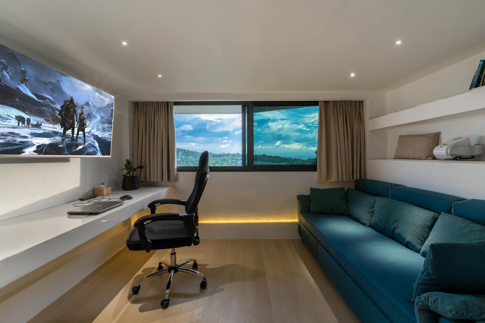 Office with desk and sea view