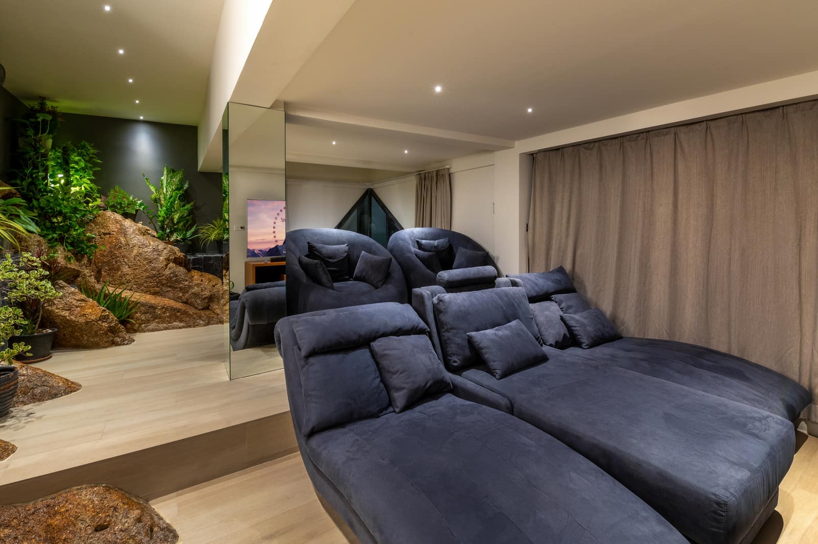 Cinema lounge and indoor rock garden
