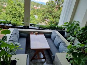 Eco-friendly outdoor lounge area with plush seating and lush greenery in a villa setting.