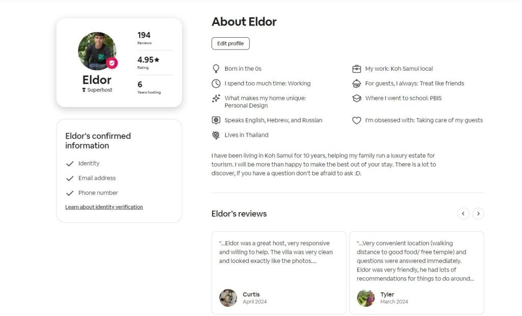 Profile of Eldor, a highly-rated Superhost on Magic Suites, known for exceptional hospitality in Koh Samui.