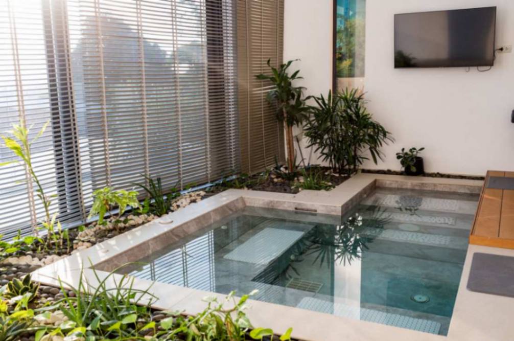 Indoor tranquility pool in the Sunrise Suite at Magic Suites, surrounded by lush greenery and modern decor.
