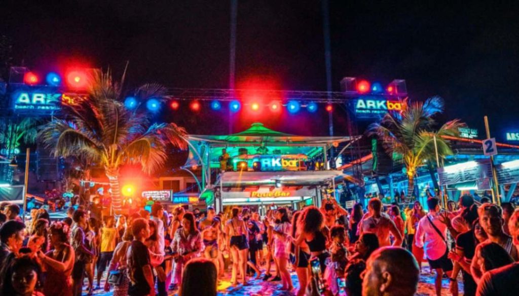 A look at the nightlife in Chaweng, featuring a crowd of people enjoying a nightclub atmosphere at the popular Ark Bar.