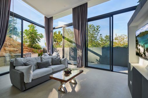 Modern living space in the Magic Garden suite.